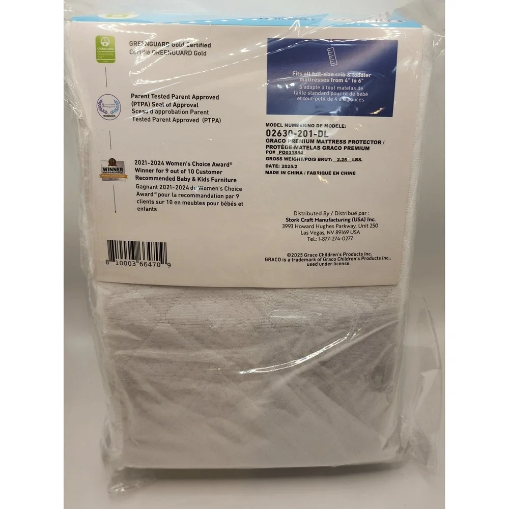Graco Premium Crib & Toddler Mattress Protector 2-Pack Waterproof Quilted White